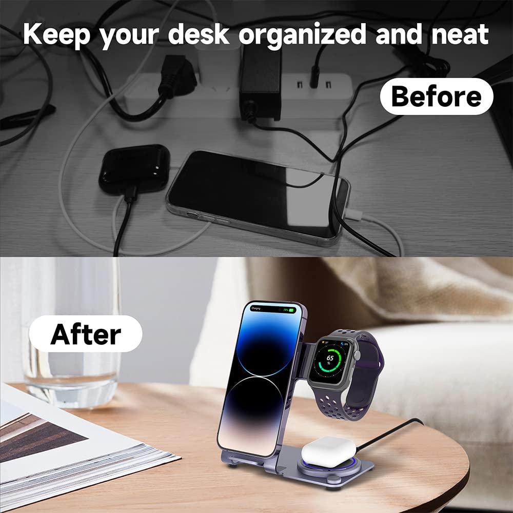 Wireless Charger, Aluminum Alloy 3 in 1 Wireless Charging Station for Apple iPhone/iWatch/Airpods,iPhone15 14,13,12,11 (Pro, ProMax)/XS/XR/XS/X/8(Plus),iWatch8/7/6/SE/5/4/3/2,AirPods 3/2/pro