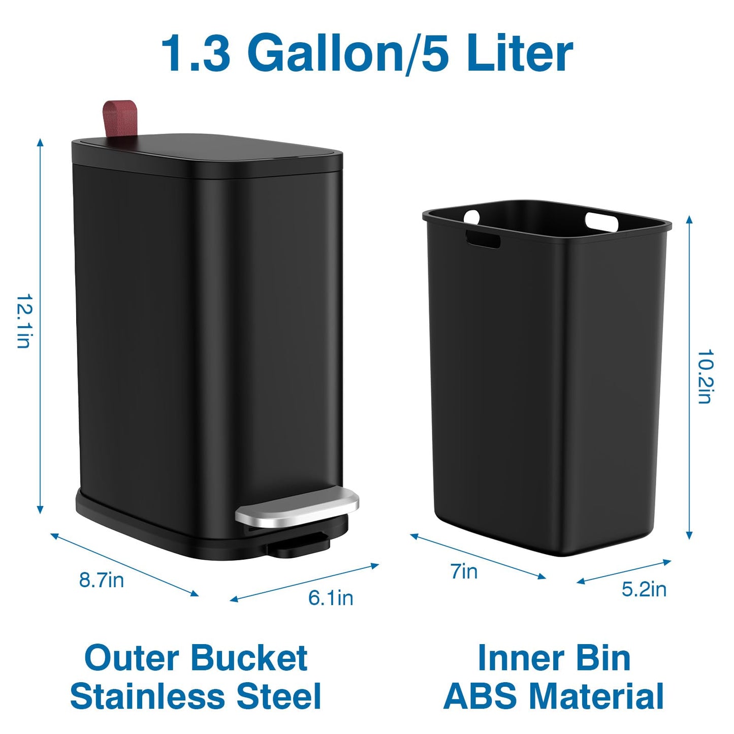 BETHEBEST Black Bathroom Trash Can with Soft Close Lid,Foot Pedal Garbage Can with Removable Inner Bucket, Stainless Steel Trash Can for Bathroom,Bedroom,Office,5 Liter/1.3 Gallon(Matte Black)