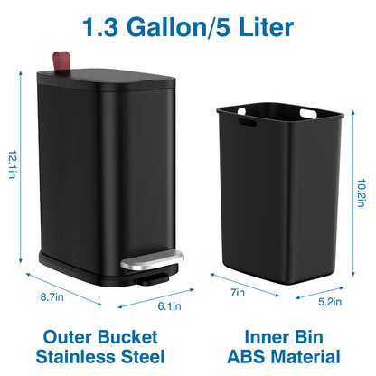 BETHEBEST Black Bathroom Trash Can with Soft Close Lid,Foot Pedal Garbage Can with Removable Inner Bucket, Stainless Steel Trash Can for Bathroom,Bedroom,Office,5 Liter/1.3 Gallon(Matte Black)