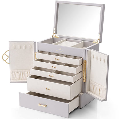 Vlando Large Jewelry Box, 6 Tier Jewelry Boxes & Organizers, Mirror Jewelry Storage Case with 5 Drawers,Faux Leather Watch Earrings Necklace Rings Bracelets Box, Gifts for Women Grey