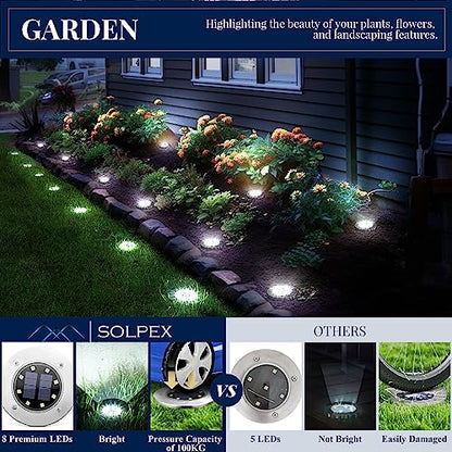 SOLPEX Solar Ground Lights, 12 Pack Solar Lights Outdoor Waterproof, 8 LED Solar Powered Landscape Lighting for Garden Yard Patio Pathway Driveway Walkway (Cool White)