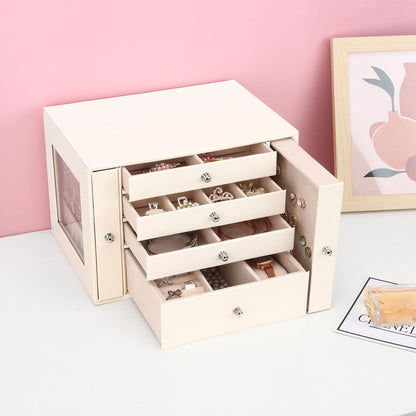 DesignSter Jewelry Organizer Box, 4 Layers Leather Jewelry Organizer, Large Jewelry Box with Visible Side Drawers, Jewelry Storage Case For Necklaces Earrings Rings Bracelets Watches (Beige)
