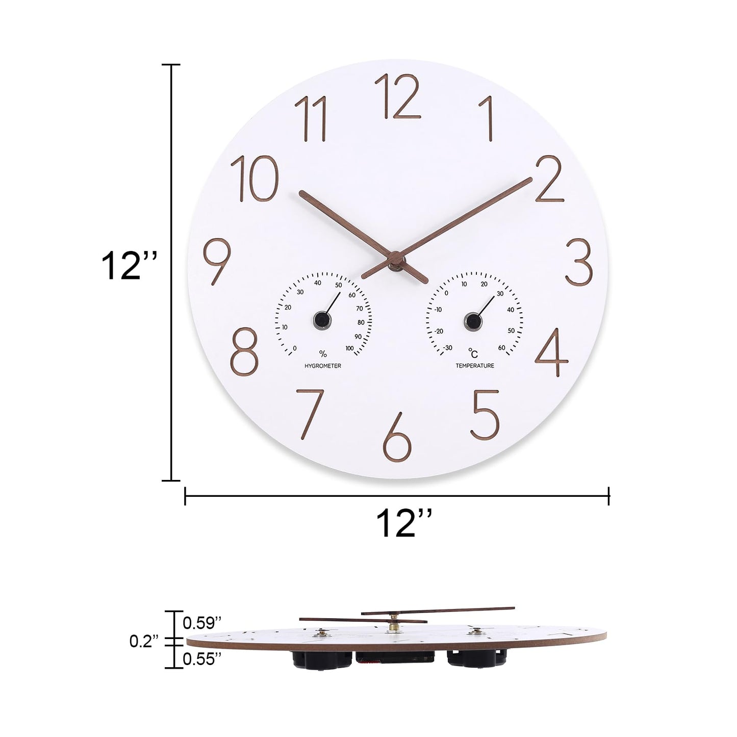Vigorwise 12Inch Wall Clock with Temperature & Humidity, Wooden Frame Wall Clocks, Sweep Silent Movement Accurate Clocks, Decorative for Kitchen Home Housewarming Xmas New Year Present