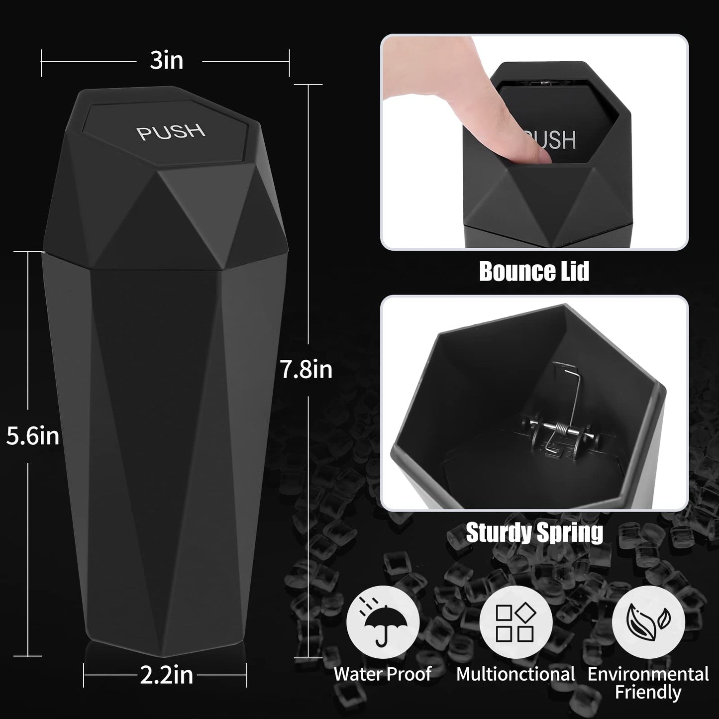 Wontolf Car Trash Can Bin with Lid, Small Car Garbage Can with Trash Bags Diamond Design Leakproof Mini Car Accessories Trash Bin Car Dustbin Organizer Container for Car Office Home