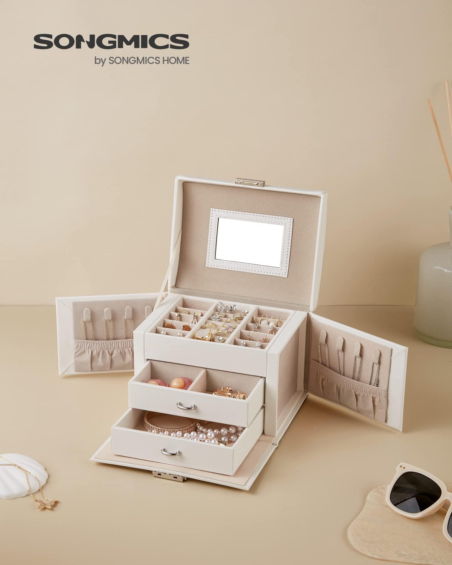 SONGMICS Lockable 3-Tier Jewelry Box with Mirror