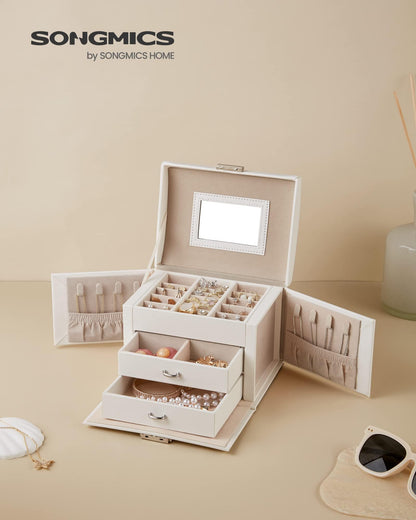 SONGMICS Lockable 3-Tier Jewelry Box with Mirror