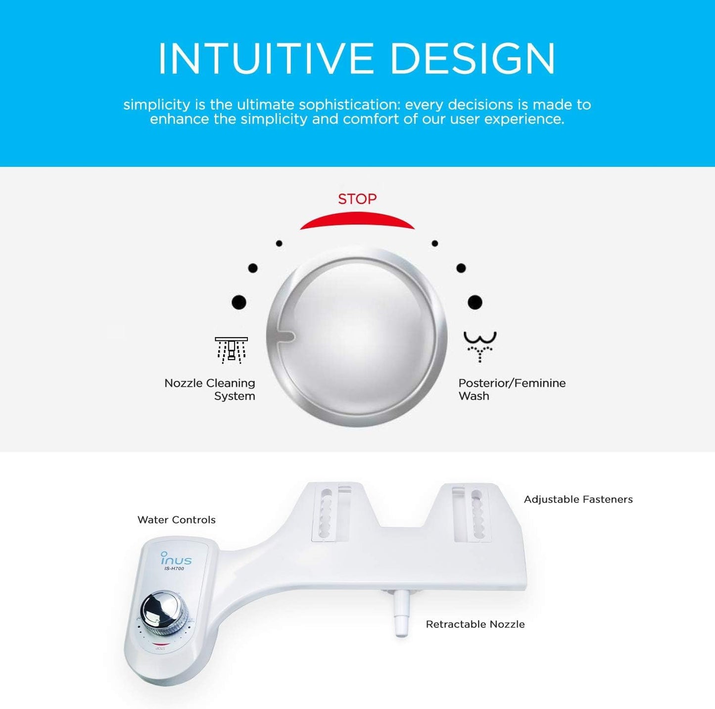 INUS Ultra-Slim Bidet Attachment, Adjustable Non-Electric Nozzle (Posterior/Feminine Wash) Fresh Cold Water Sprayer Bidets, Bidet Attachment for Toilet with Stainless Steel Inlet H700