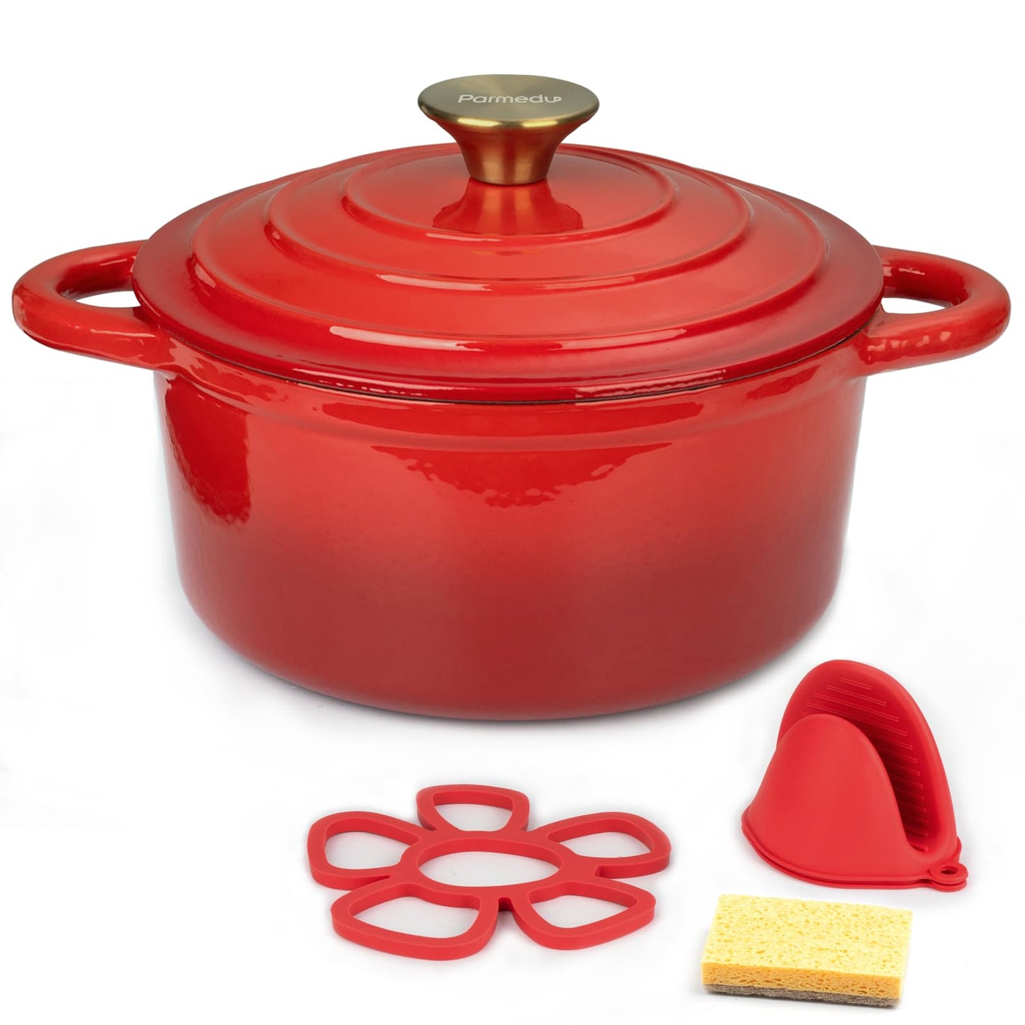 Parmedu Cast Iron Dutch Oven with Lid: 5.5 QT Enameled Cast Iron Dutch Oven, Sturdy Cookware for All Cooktops, Braising, Stews, Roasting, Bread Baking, Red