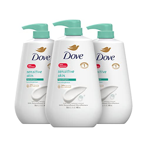 Dove Body Wash 3 Count with Pump Sensitive Skin Hypoallergenic, Paraben-Free, Sulfate-Free, Cruelty-Free, Moisturizing Skin Cleanser Effectively Washes Away Bacteria While Nourishing Skin 30.6 oz