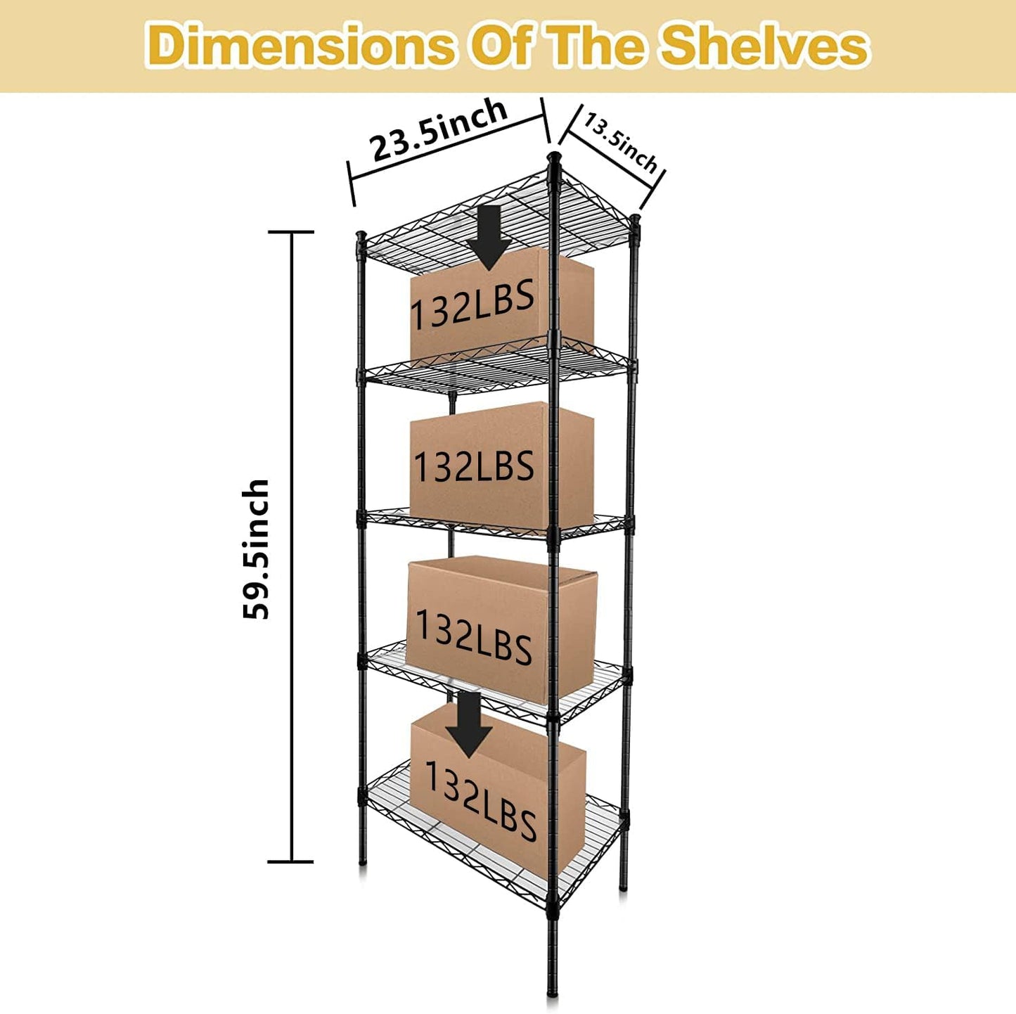 GPRF 5 Tier Shelves Wire Shelving Adjustable Storage and Organization Shelf Units,for Home，Garage，Pantry，kitchen，Office，Bedroom, Closet，Black(23.6" x 13.8" x 59"