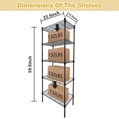 GPRF 5 Tier Shelves Wire Shelving Adjustable Storage and Organization Shelf Units,for Home，Garage，Pantry，kitchen，Office，Bedroom, Closet，Black(23.6" x 13.8" x 59"