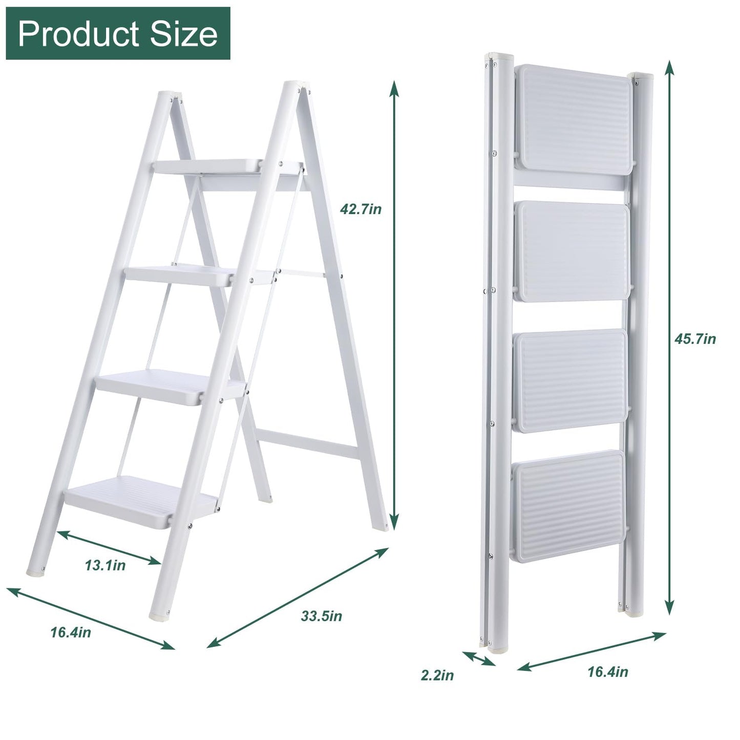 TOOLITIN 4 Step Ladder, Folding Step Stool for Adults with Wide Anti-Slip Pedal, Lightweight, Perfect for Kitchen& Household, Library Office,330lbs Capacity Sturdy Steel Ladder,White