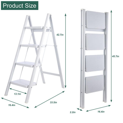 TOOLITIN 4 Step Ladder, Folding Step Stool for Adults with Wide Anti-Slip Pedal, Lightweight, Perfect for Kitchen& Household, Library Office,330lbs Capacity Sturdy Steel Ladder,White