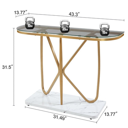 HOMISSUE Console Table, Modern Console Table with Tempered Glass Top and Metal Frame, Glass Entryway Table with Marbled MDF Base, Console Table for Entryway, Hallway, Living Room (Gold&Grey Glass)