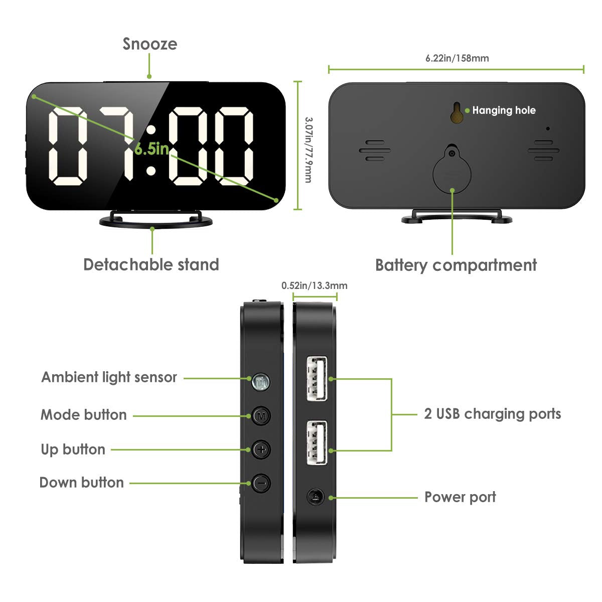 KeeKit Digital LED Alarm Clock, Large 6.5" Mirror Surface Alarm Clock with Dual USB Charging Ports, Snooze Function, Auto/Manual Adjustable Brightness, 12/24H Display for Home, Bedroom, Office - White