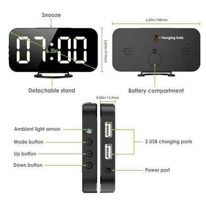 KeeKit Digital LED Alarm Clock, Large 6.5" Mirror Surface Alarm Clock with Dual USB Charging Ports, Snooze Function, Auto/Manual Adjustable Brightness, 12/24H Display for Home, Bedroom, Office - White
