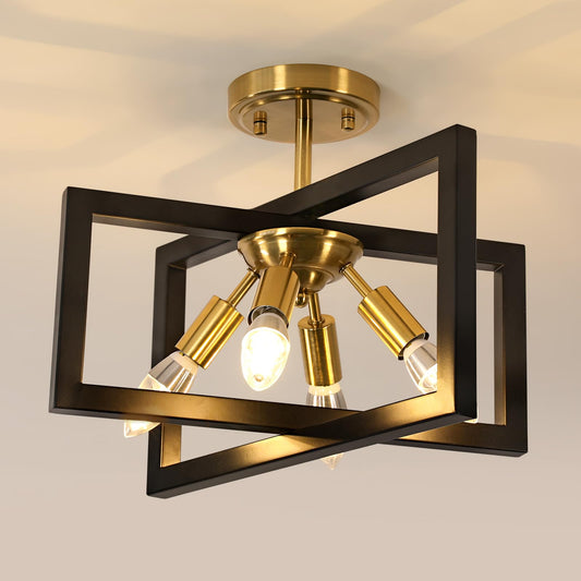 DELIPOP Semi Flush Mount Ceiling Light, 4-Light Gold Farmhouse Industrial Ceiling Light Fixtures with Black Square Metal Frame Close to Ceiling Light for Kitchen, Dining Room, Living Room, Bedroom