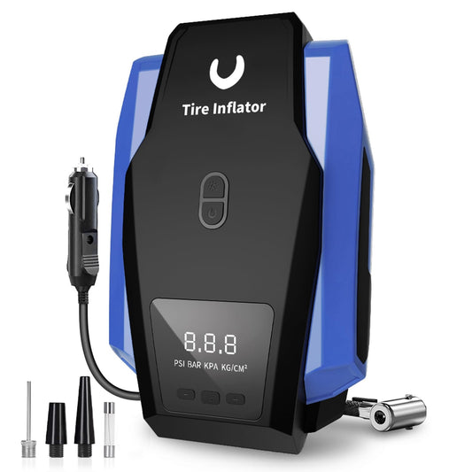 Tire Inflator Portable Air Compressor - Air Pump for Car Tires - 12V DC Compact Tire Pump with Auto Shutoff Function - Multipurpose Car Accessory with LED Light, Blue, Large