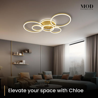 𝗠𝗢𝗗 𝗟𝗜𝗚𝗛𝗧𝗜𝗡𝗚 Chloe Modern Ceiling Light - Stylish Ceiling Light Fixture for Living Room & Dining Room - Dimmable 3000K LED Lights - 26" W x 39" L-1 Pack (Metallic Gold,5 Circles,Warm White)