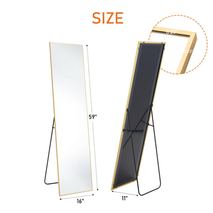 Sweetcrispy 59"x16" Full Length Mirror Full Body Floor Mirror Standing Hanging or Leaning Wall Mirror with Stand Aluminum Alloy Thin Frame for Bedroom Cloakroom, Gold