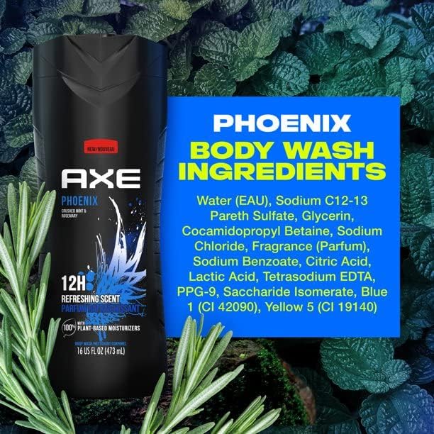 AXE Body Wash Phoenix 4 Count 12h Refreshing Scent Crushed Mint & Rosemary Men's Body Wash with 100% Plant-Based Moisturizers 16 oz