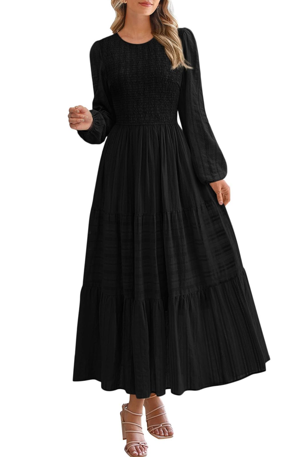 PRETTYGARDEN Womens Elegant Puff Long Sleeve A-line Maxi Dresses Casual Crew Neck Smocked Soft Maternity Dress Winter Outfits (Black, XX-Large)