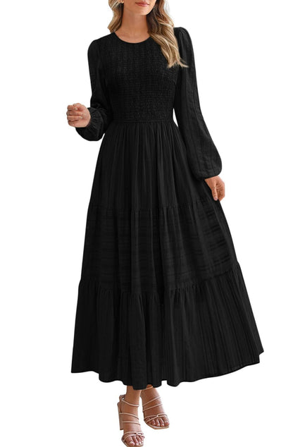 PRETTYGARDEN Womens Elegant Puff Long Sleeve A-line Maxi Dresses Casual Crew Neck Smocked Soft Maternity Dress Winter Outfits (Black, XX-Large)