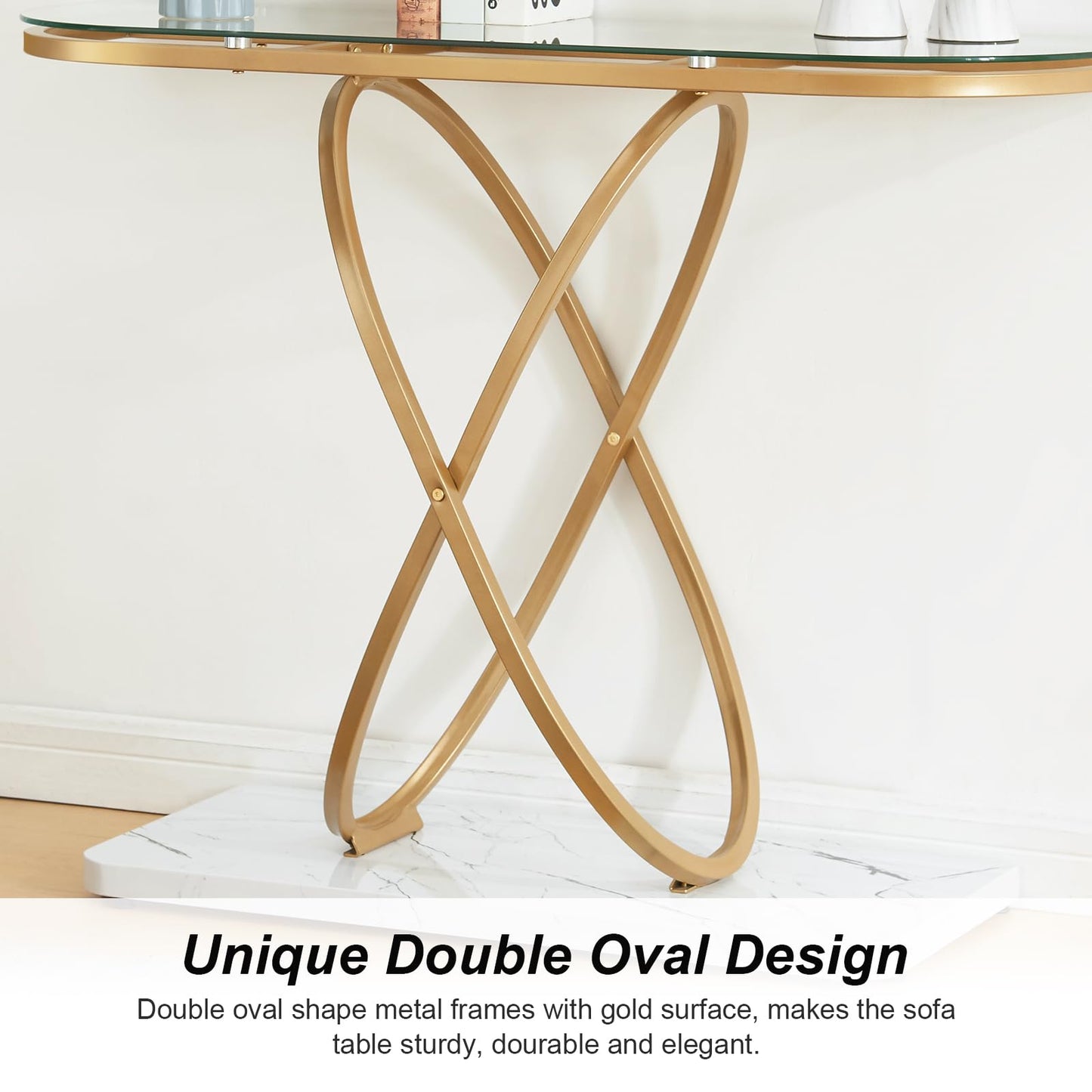 HOMBAZAAR Modern Entryway Table, Glass Entrance Sofa Table with Oval Frames and Marbling MDF Base, Chrome Glass Console Table for Living Room, Entryway, Hallway, Bedroom,（Gold，Clear Glass）