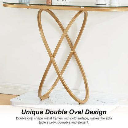HOMBAZAAR Modern Entryway Table, Glass Entrance Sofa Table with Oval Frames and Marbling MDF Base, Chrome Glass Console Table for Living Room, Entryway, Hallway, Bedroom,（Gold，Clear Glass）