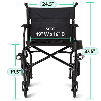 Medline Ultra Lightweight Transport Wheelchair for Adults, Foldable, 19-Inch Seat Width, Black Frame, Black Upholstery