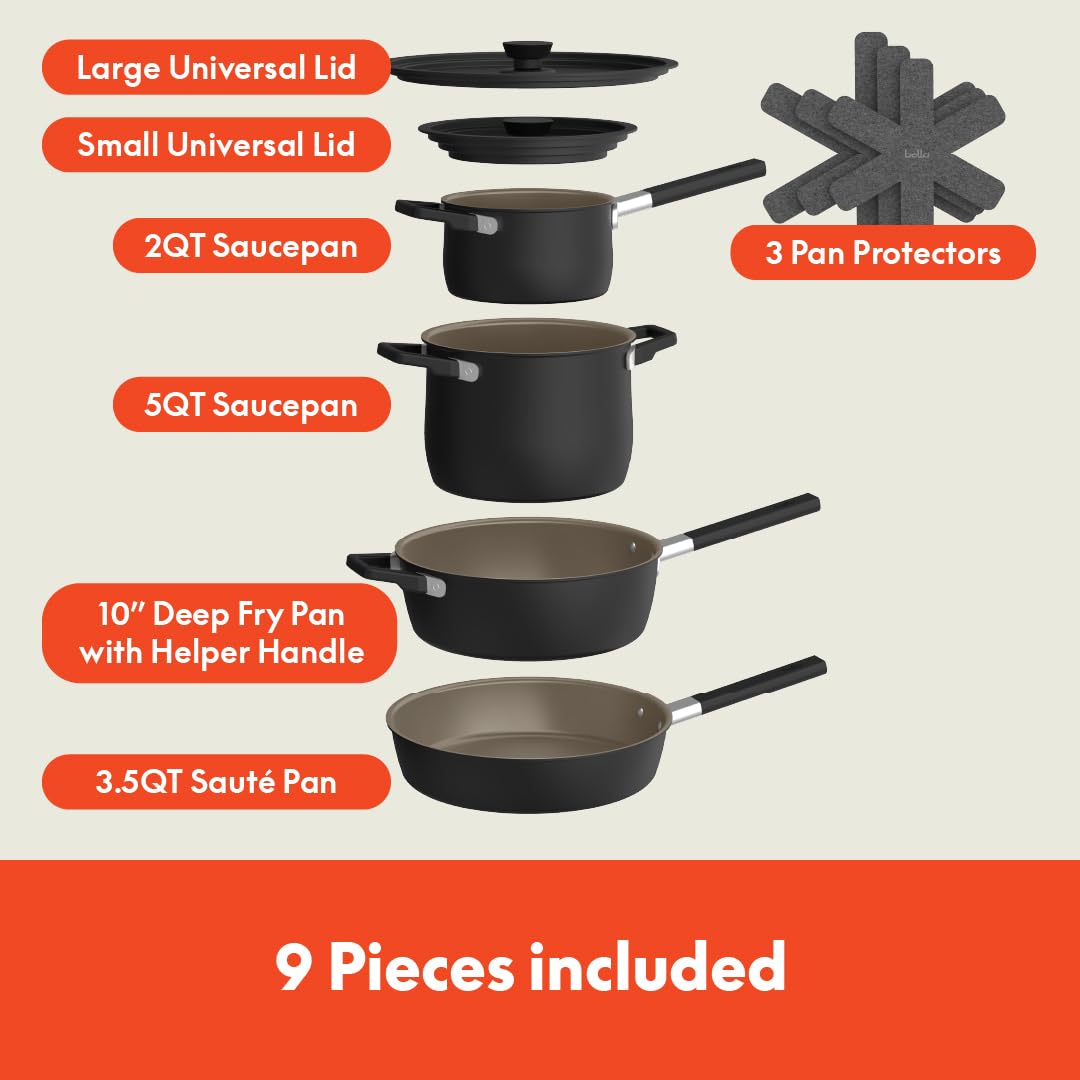 BELLA 9-Piece Nonstick Cookware Set, Stackable