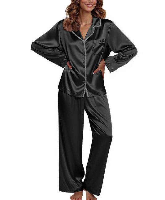 Ekouaer Pajamas For Women Set Silk Pjs 2 Piece Satin Sleepwear Long Sleeve Button Down Lounge Sets With Pant Black S