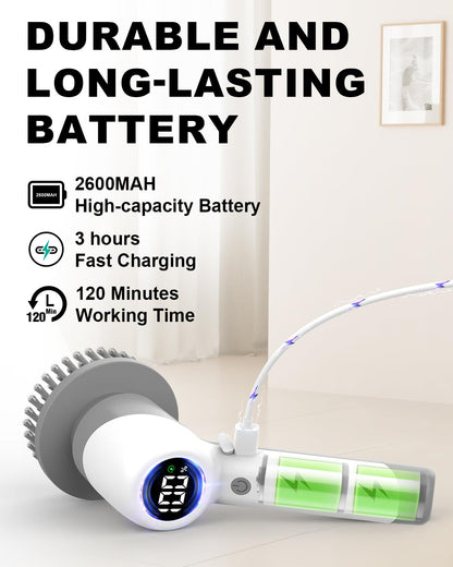 Electric Spin Scrubber, Cordless Shower Scrubber with 6 Replaceable Brush Heads, 2 Adjustable Speeds, and Adjustable Extension Handle, Spin Brush for Cleaning Bathroom Kitchen Floor Tile Tub (Grey)
