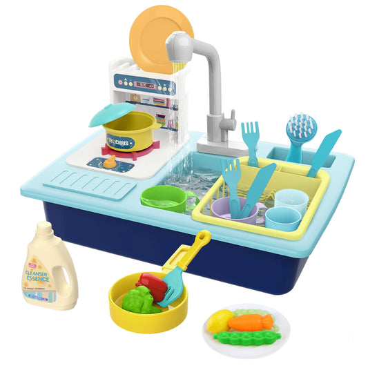 FunMission Play Kitchen Sink Toys, Children Electric Dishwasher Play Sink with Running Water, Play Kitchen Accessories, Upgraded Real Faucet for Water Play, Role Play House for Toddlers 3+