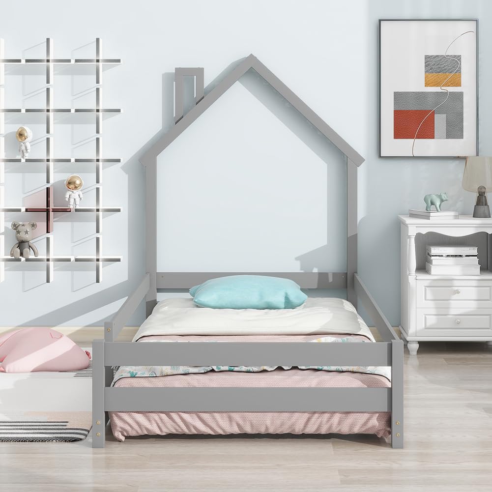 Pine Wood Twin Floor Bed Frame with Guardrails