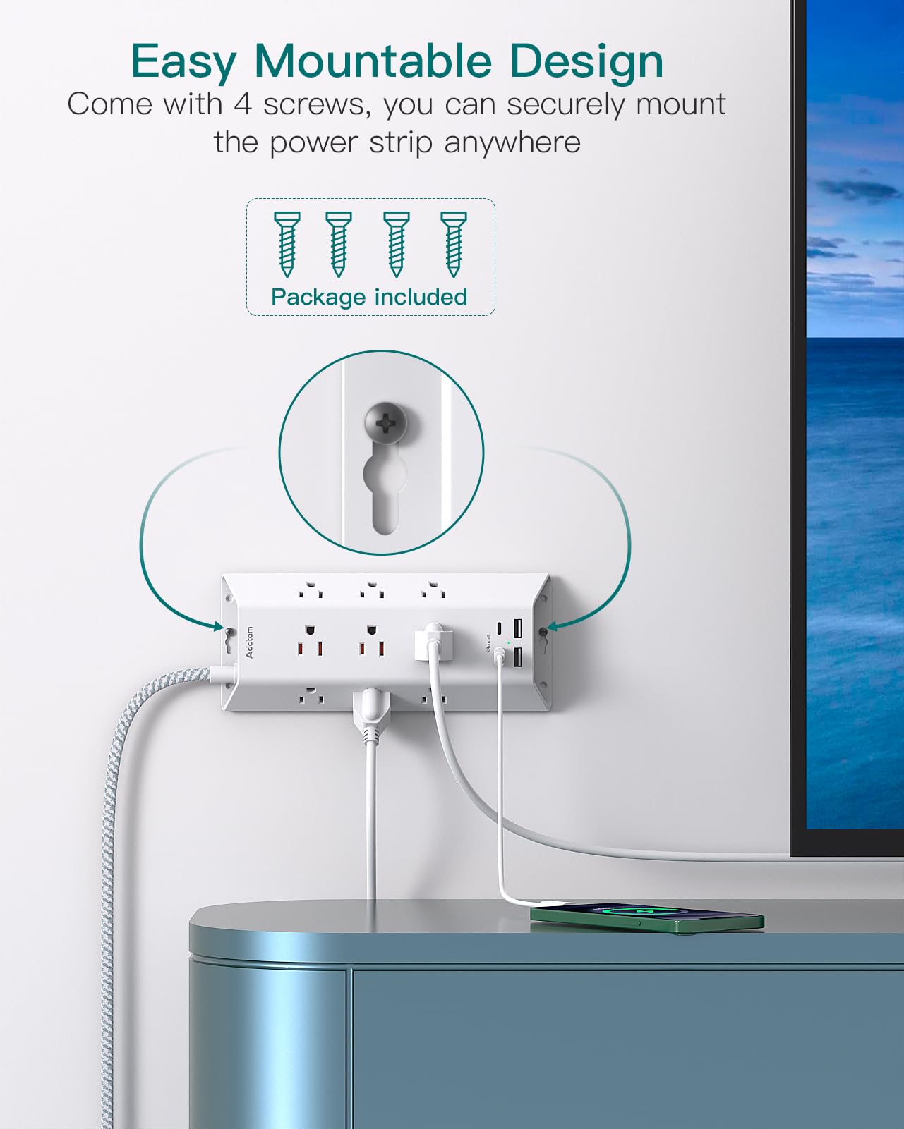 Addtam 15ft Surge Protector Power Strip with USB
