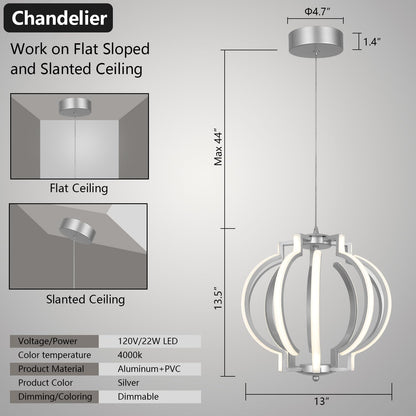 Bisect Silver Modern Led Chandelier,Globe Dimmable Adjustable Round Hanging Lamp 4000K,Easy Install Suitable Pendant Light Fixturs for Dinning Room Bedroom Kitchen Island Corridor(10Light)