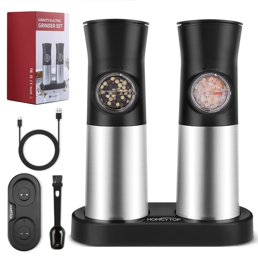 Electric Salt and Pepper Grinder Set, HOMCYTOP Gravity Automatic Salt & Pepper Mill Refillable with Rechargeable Base, USB Cables, 2 Adjustable Coarseness Mills, White LED Light, One Hand Operation
