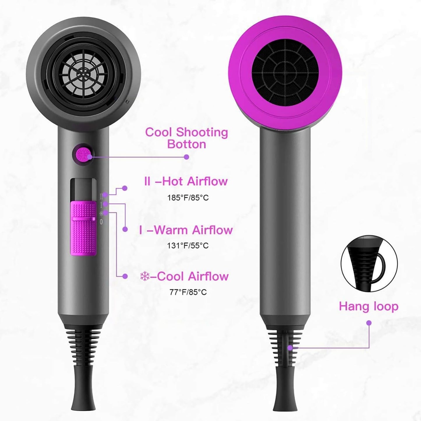 1800W Ionic Hair Dryer with Diffuser & Nozzles