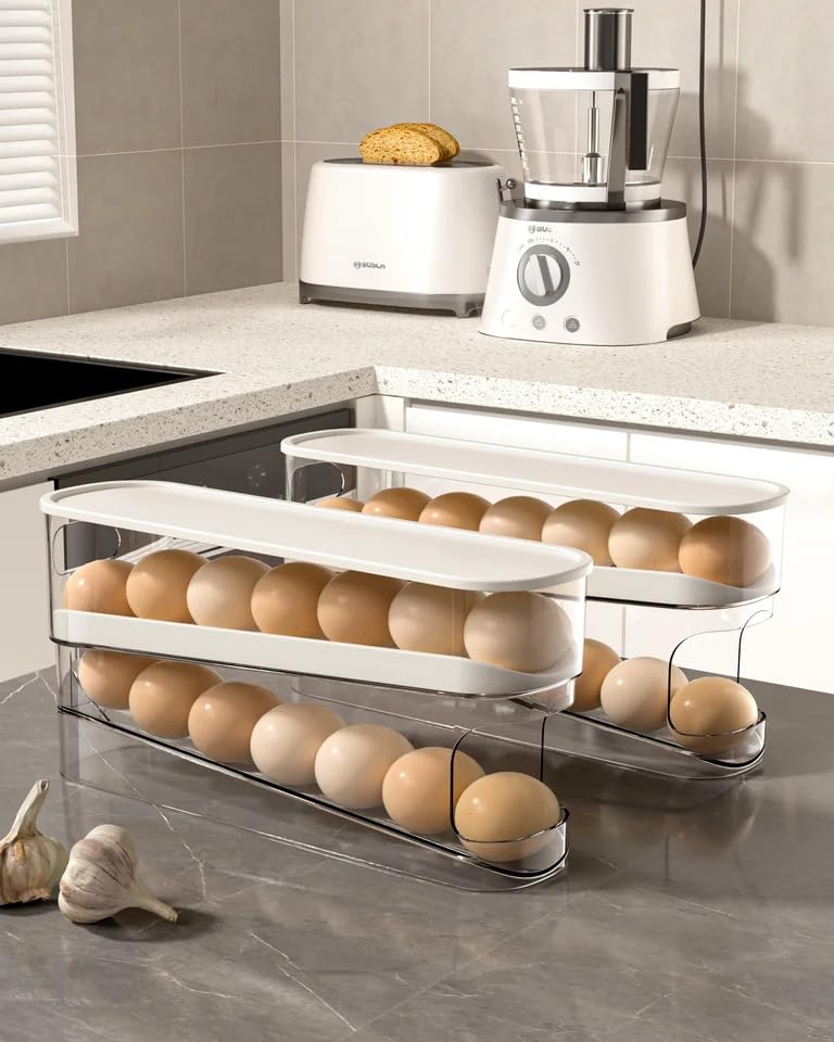 RedRoko Egg Container for Refrigerator, Egg Holder Rolling Egg Holder for Refrigerator, Automatic 14 Count Egg Dispenser for Refrigerator, Egg Organizer Container