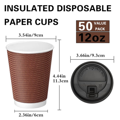 Wuadua 12 oz Disposable Insulated Coffee Cups with Lids, 50 Packs Disposable Coffee Cups for Hot Beverage Drinks, Coffee Tea Drinks To-go Office Car and Party