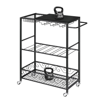 melos Bar Cart, Home Bar Serving Cart, Rolling Wine Cart with 3-Tier Shelf, Beverage Bar Cart with Wine Rack, Bar Cart with Wheels for Kitchen, Black