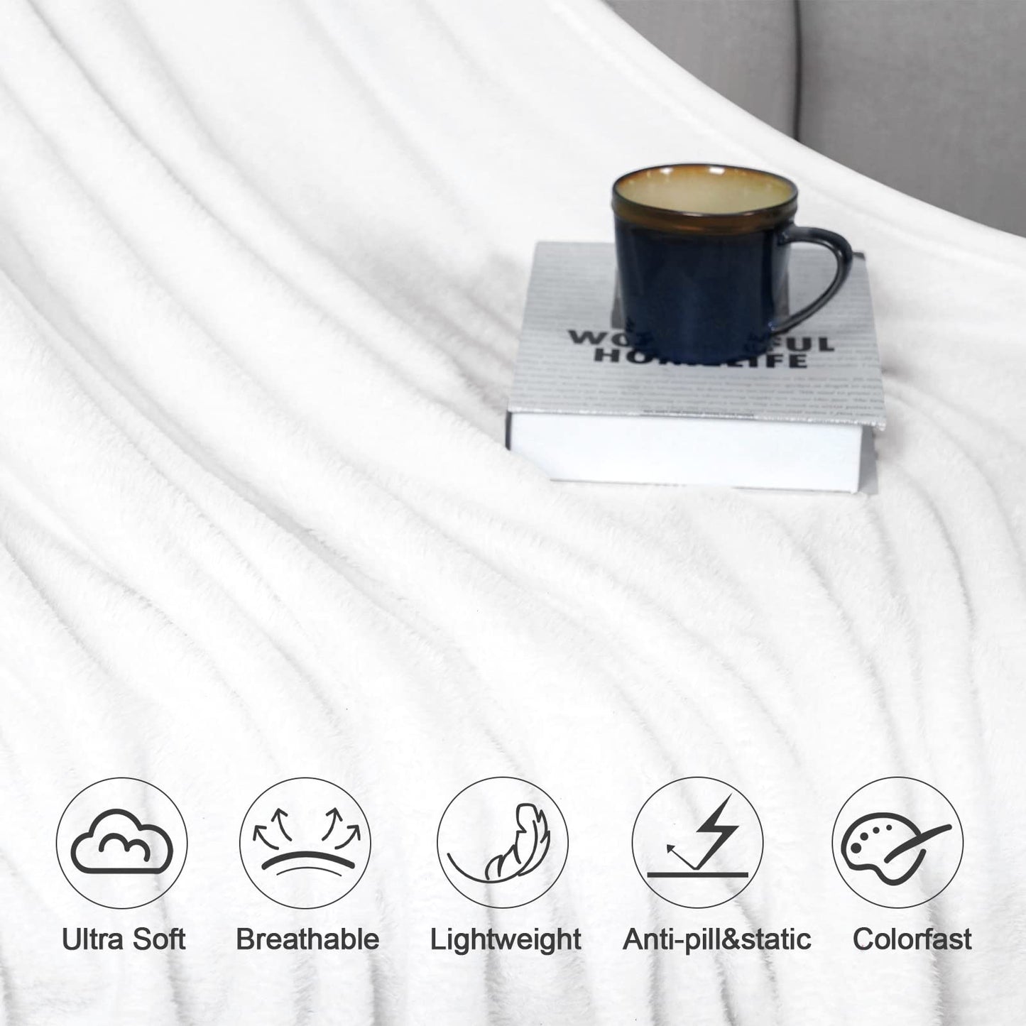 David's Home Fleece Throw Blanket,Ultra Soft More Durable Lightweight Velvety Bed Blanket,Lint-Free& No Pilling,300GSM All Season Use Luxury Plush Cozy Blanket with Wider Stitched Border,50"x60",White