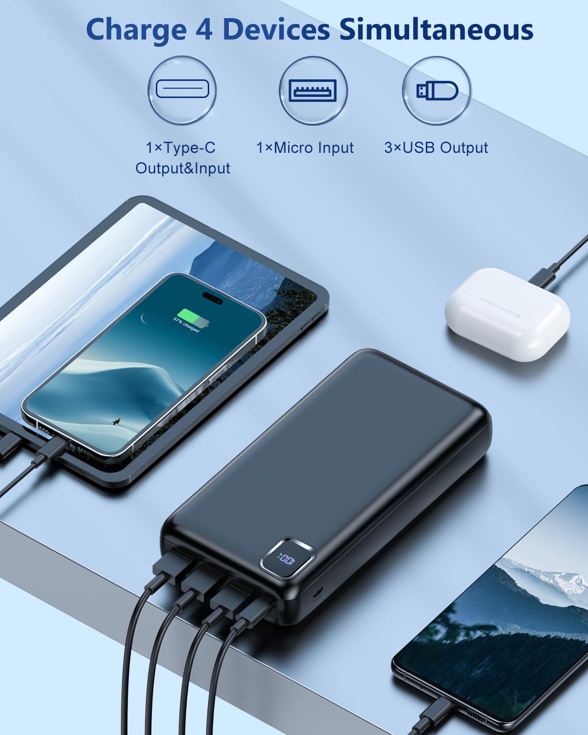 Portable-Charger-Power-Bank - 50000mAh Powerbank PD 30W and QC 4.0 Fast Charging External Battery Pack with USB-C LED 4 Outputs & 2 Inputs Portable Charging for iPhone 15 14 13 pro, Samsung