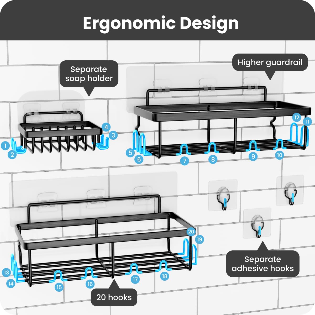 3 Pack, Adhesive Organizer with 20 Hooks, 3 Adhesive Hooks, Bathroom Furniture Sets, Stainless Steel,No Drilling,Easy Installation Shelf for Inside