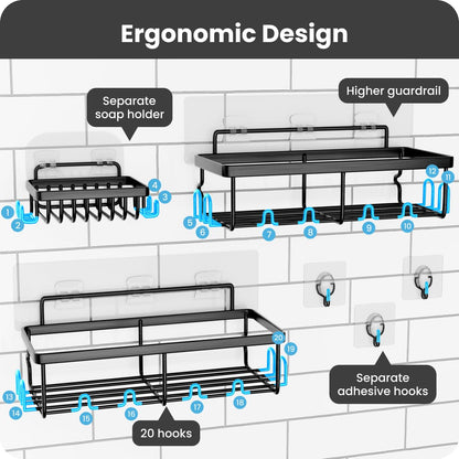 3 Pack, Adhesive Organizer with 20 Hooks, 3 Adhesive Hooks, Bathroom Furniture Sets, Stainless Steel,No Drilling,Easy Installation Shelf for Inside