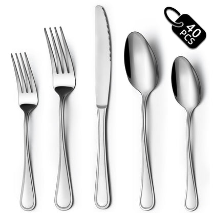BEWOS 40-Piece Silverware Set, Stainless Steel Silverware Sets for 8, Forks Spoons and Knives Set, Cutlery Set, Mirror Polished Flatware Set, Dishwasher Safe Kitchen Utensils Set for Home, Restaurant