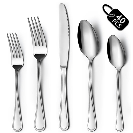 BEWOS 40-Piece Silverware Set, Stainless Steel Silverware Sets for 8, Forks Spoons and Knives Set, Cutlery Set, Mirror Polished Flatware Set, Dishwasher Safe Kitchen Utensils Set for Home, Restaurant