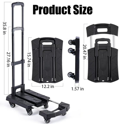 Folding Hand Truck Portable Dolly Cart Max 350 lbs Aluminum Foldable Dolly Cart Luggage Trolley Cart, 6 Wheels Push Cart Dolly for Moving, Small Platform Hand Cart with 2 Ropes Black