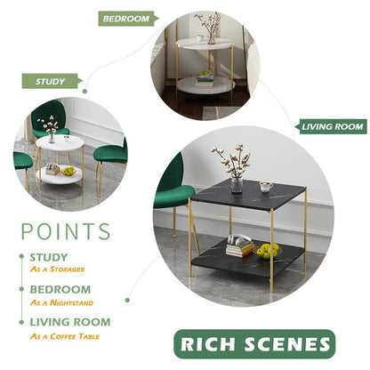 IOTXY Home Square Coffee Table - 15.7" Small 2-Tier End Table with Open Storage Shelf, White Wooden Table Top Gold Metal Frame Side Table